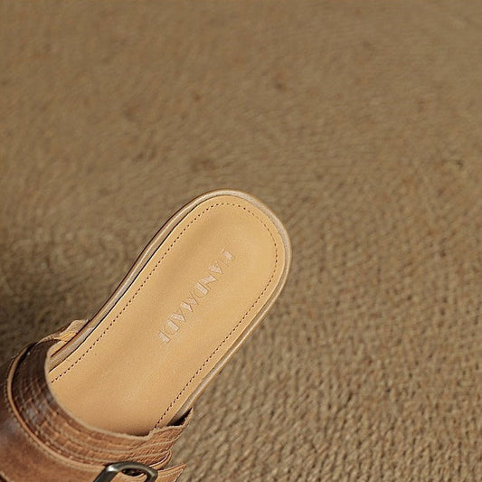 Amelier Women's Woven Leather Mules Buckle Strap Khaki
