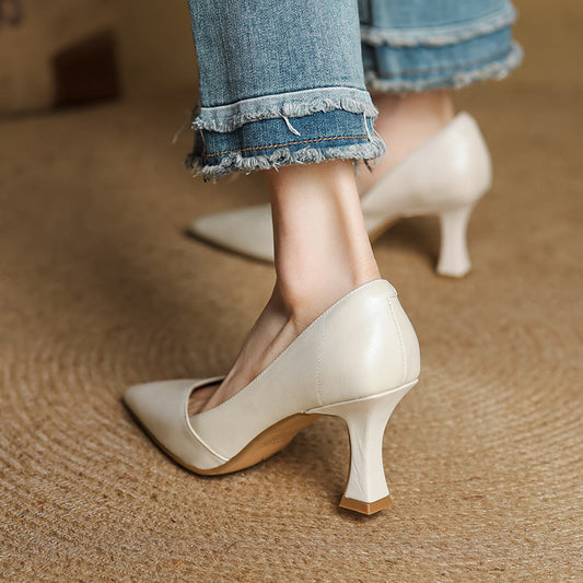 Amelier Women's Leather Heels Pointed Toe Flared Heel