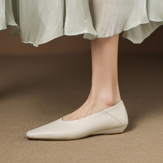 Amelier Women's Leather Flats Square Toe Hidden Wedge Apricot