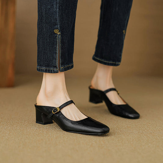 Amelier Women's Leather Mary Jane Mules Slip-On Maroon