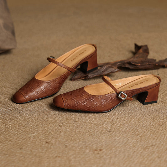 Amelier Women's Leather Mary Jane Mules Block Heel Brown