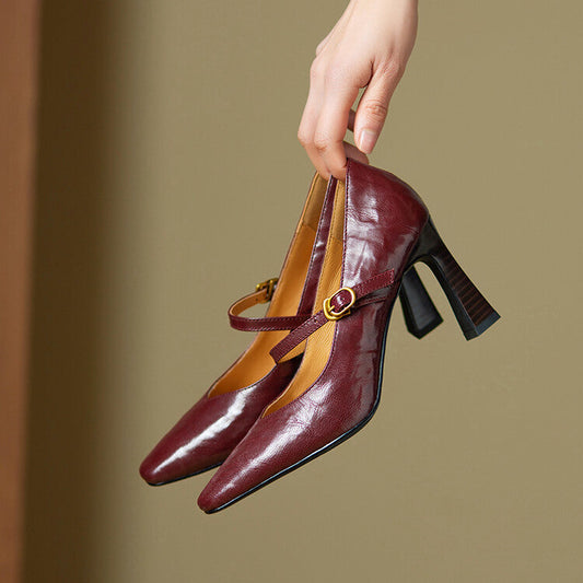 Amelier Women's Leather Mary Jane Pumps Pointed Toe Maroon