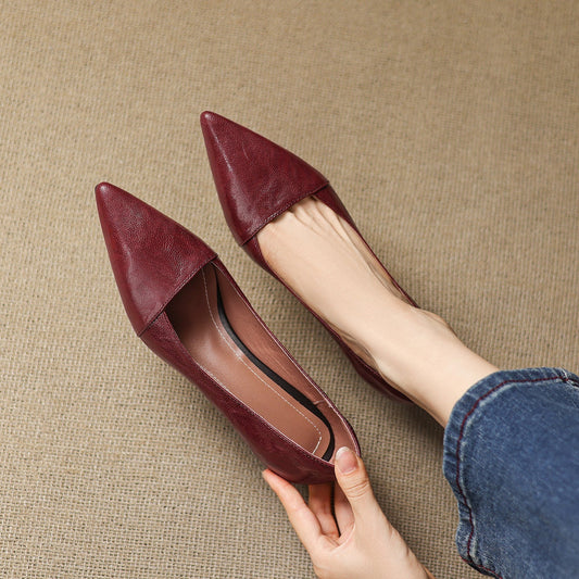 Amelier Women's Leather Pumps Pointed Toe Kitten Heel Maroon