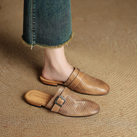 Amelier Women's Woven Leather Mules Buckle Strap Khaki