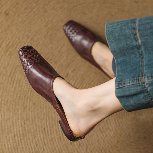 Amelier Women's Woven Leather Mules Slip-On Brown