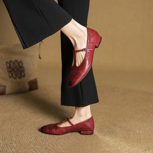 Amelier Women's Leather Brogue Flats T-Strap Lace-Up Maroon