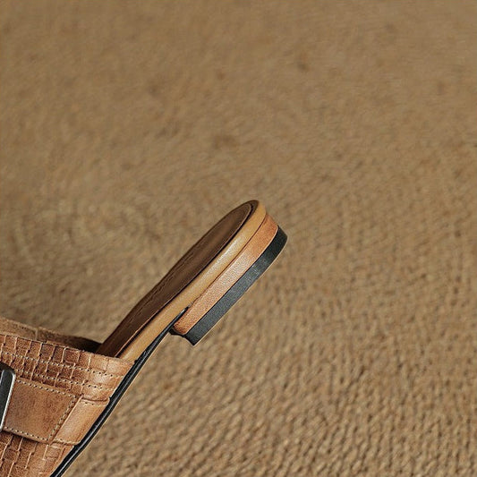 Amelier Women's Woven Leather Mules Buckle Strap Khaki