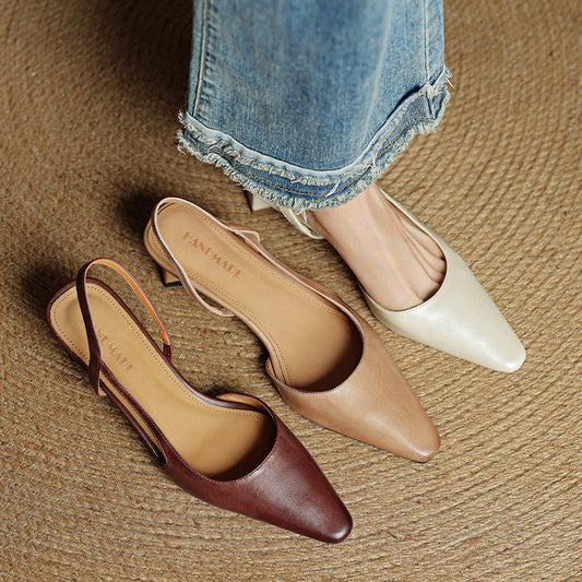 Amelier Women's Leather Slingback Heels Angular Block Brown
