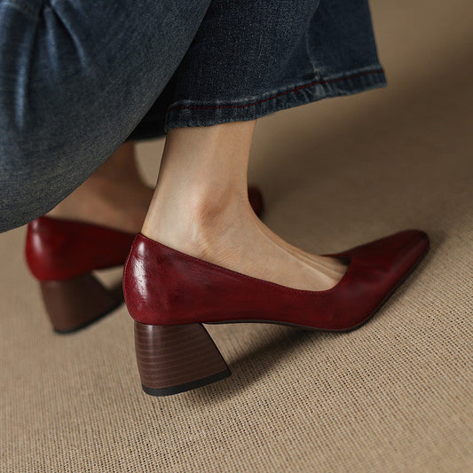 Amelier Women's Leather Pumps Block Heel Closed Toe Apricot