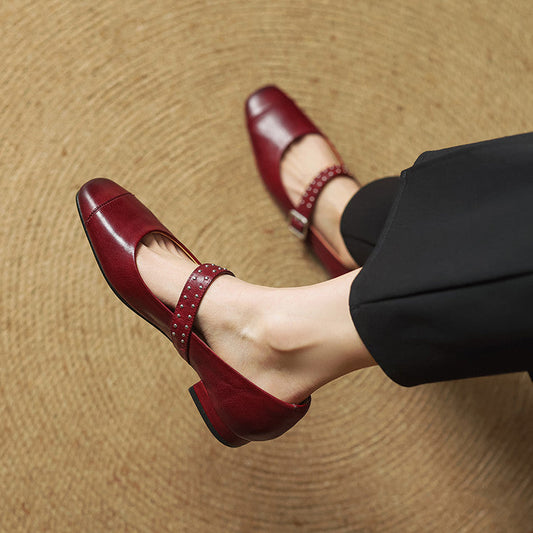 Amelier Women's Leather Mary Jane Pumps Studded Maroon
