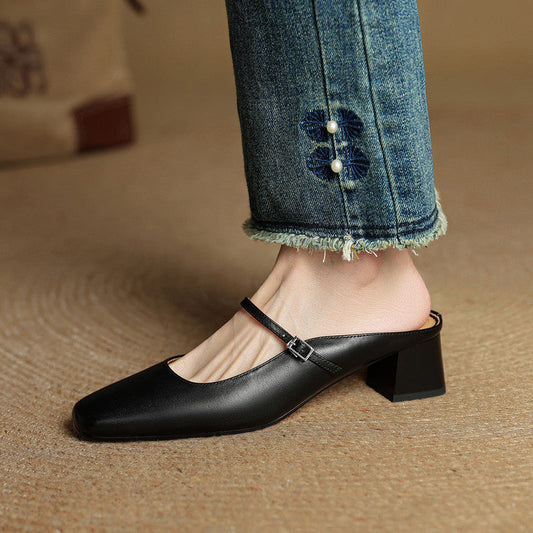 Amelier Women's Leather Mules Square Toe Block Heel Red