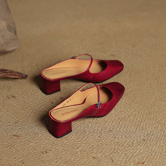 Amelier Women's Leather Mules Square Toe Block Heel Red
