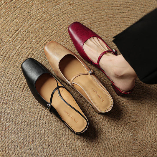 Amelier Women's Leather Mules Square Toe Block Heel Red