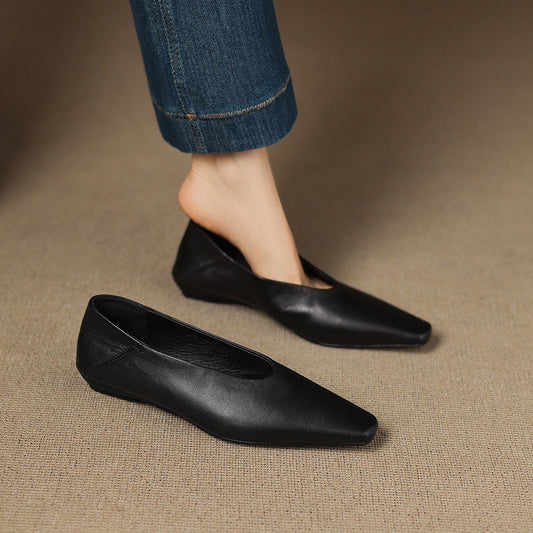 Amelier Women's Leather Flats Square Toe Hidden Wedge Apricot