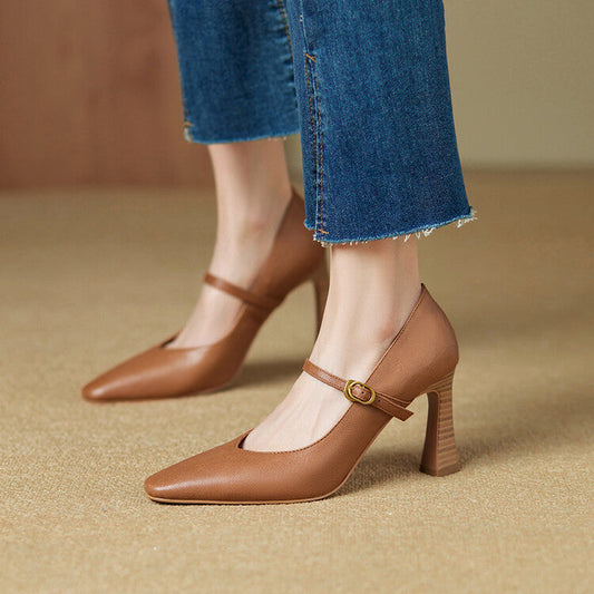 Amelier Women's Leather Mary Jane Pumps Pointed Toe Maroon