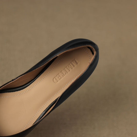 Amelier Women's Leather Flats Pointed Toe Low Block Heel Apricot
