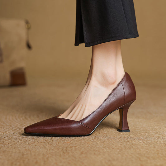 Amelier Women's Leather Heels Pointed Toe Flared Heel