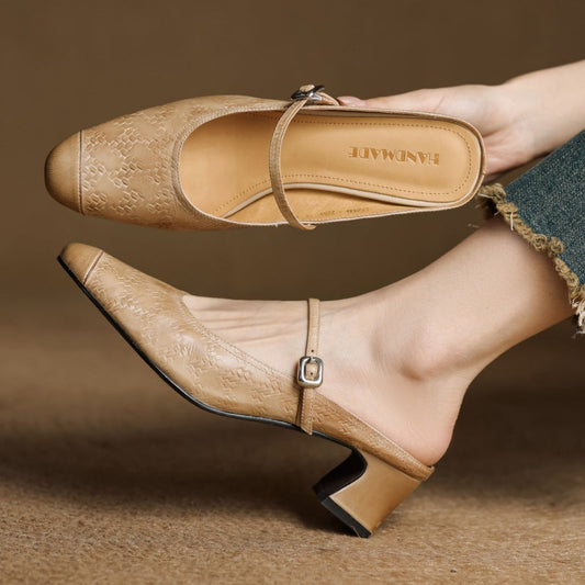 Amelier Women's Leather Mary Jane Mules Block Heel Brown