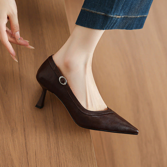 Amelier Women's Leather Stiletto Heels Pointed Toe Brown