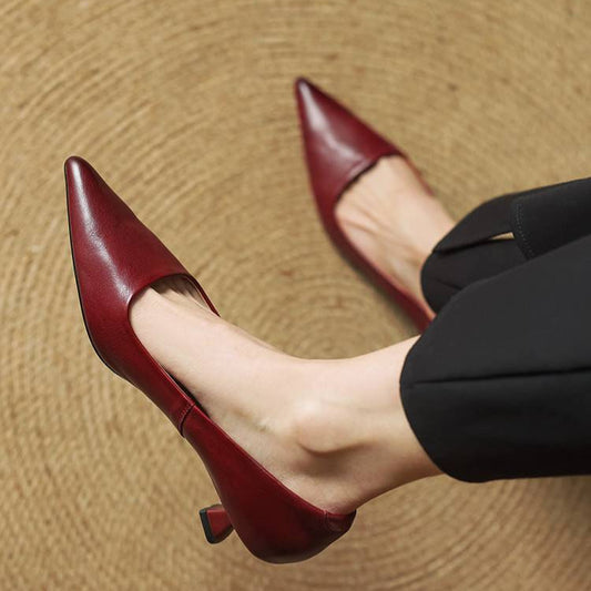Amelier Women's Leather Kitten Heels Pointed Toe Black