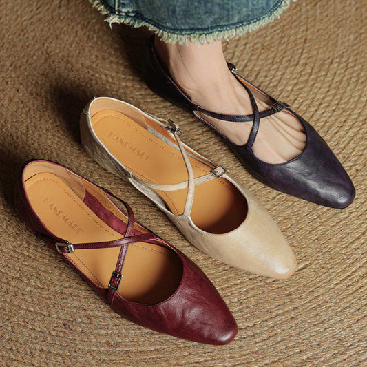 Amelier Women's Leather Ballet Flats Cross-Strap Almond Toe