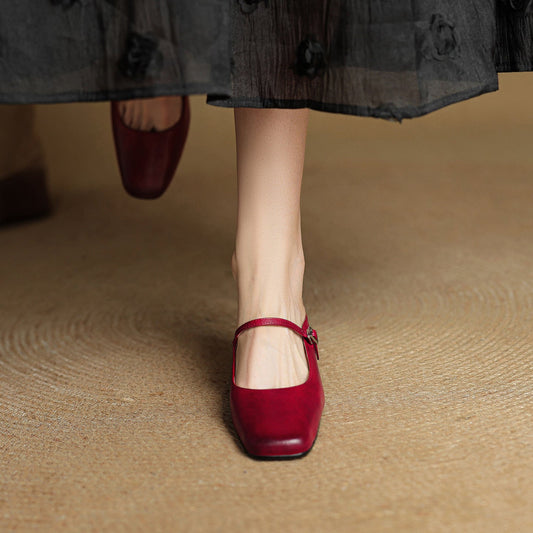 Amelier Women's Leather Mules Square Toe Block Heel Red