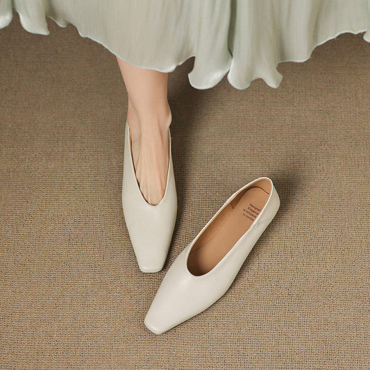 Amelier Women's Leather Flats Square Toe Hidden Wedge Apricot