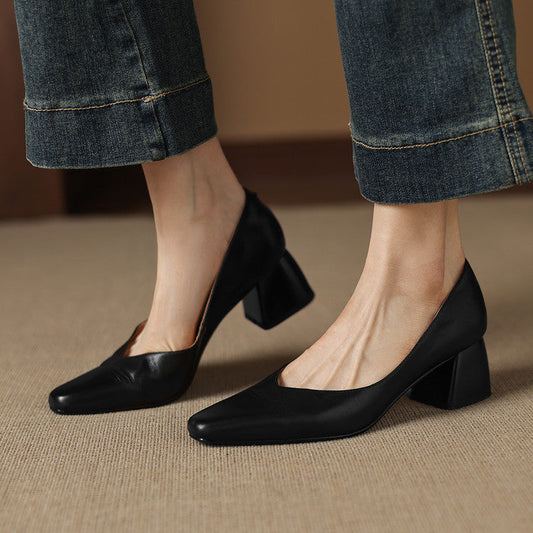 Amelier Women's Leather Pumps Block Heel Apricot