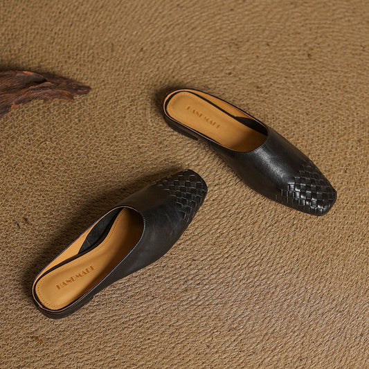 Amelier Women's Woven Leather Mules Slip-On Brown