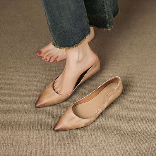 Amelier Women's Leather Flats Pointed Toe Low Block Heel Apricot