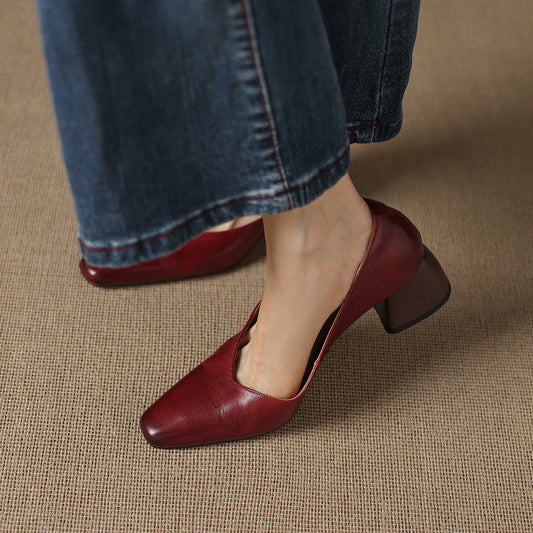 Amelier Women's Leather Pumps Block Heel Apricot