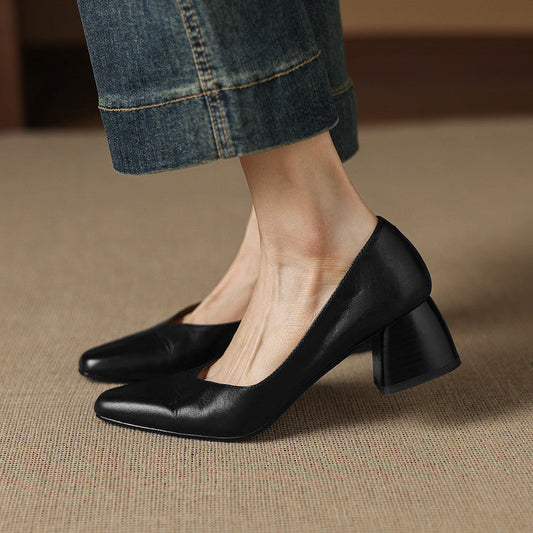 Amelier Women's Leather Pumps Block Heel Apricot