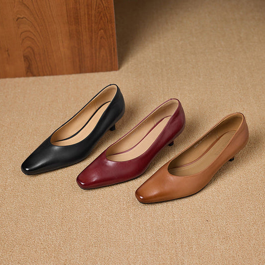 Amelier Women's Leather Pumps Kitten Heel Pointed Toe Brown