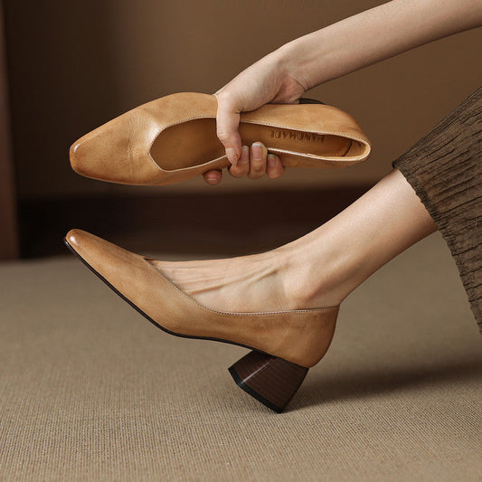 Amelier Women's Leather Pumps Block Heel Closed Toe Apricot