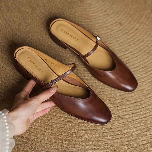 Amelier Women's Leather Mary Jane Mules Brown