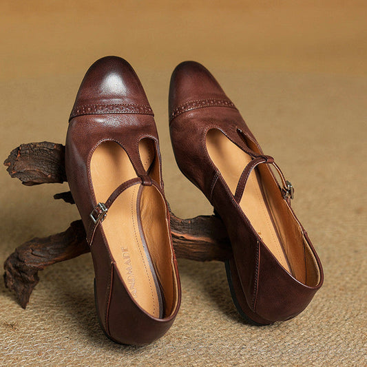 Amelier Women's Leather Brogue Flats T-Strap Lace-Up Maroon