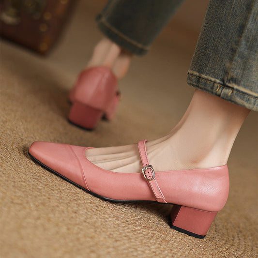 Amelier Women's Leather Mary Jane Pumps Block Heel Pink