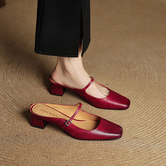 Amelier Women's Leather Mules Square Toe Block Heel Red