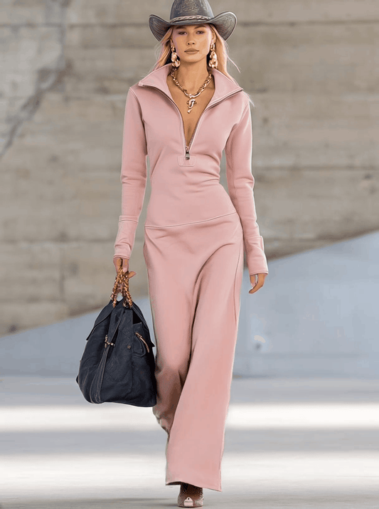 Elegant Retro Sporty V-neck Front Zipper Long-sleeved Maxi Dress