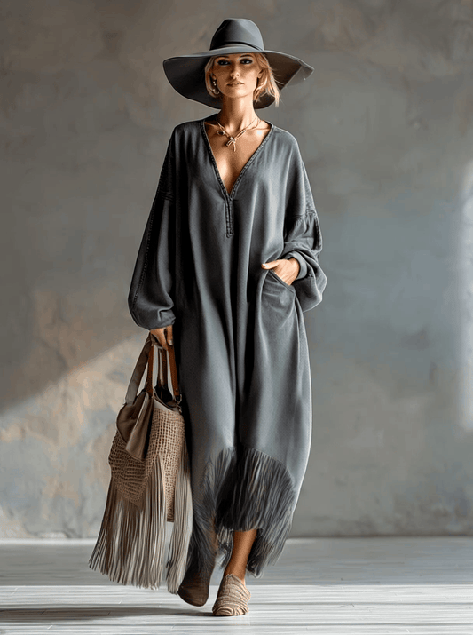 Grey Denim Tassel Long Sleeve Maxi Dress Relaxed Fit