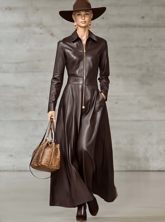 CSS Faux Leather Maxi Dress Front Zipper Long Sleeve Brown