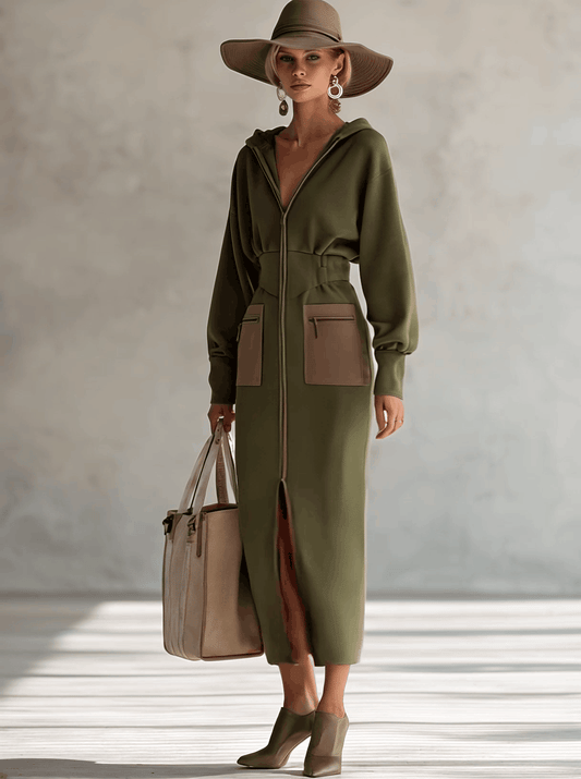 GY Hooded Zip-Up Sweatshirt Maxi Dress Olive Green Slim Fit
