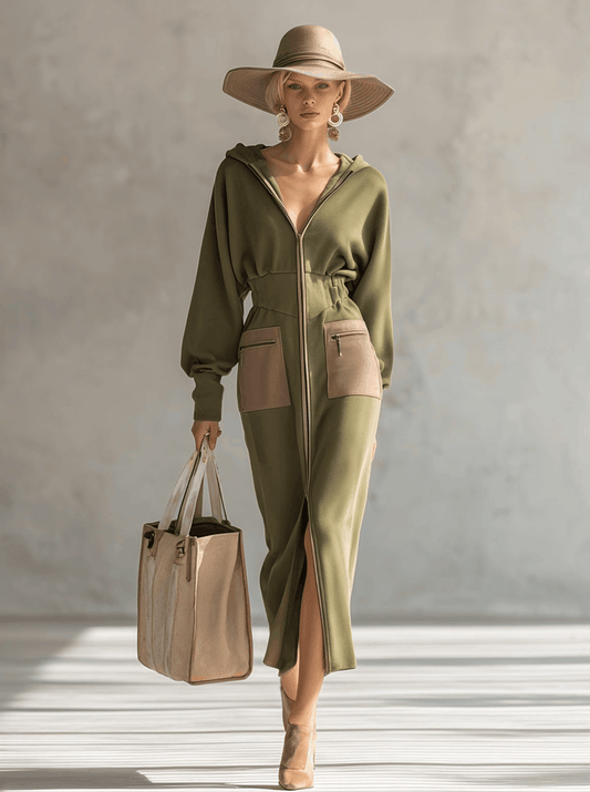 GY Hooded Zip-Up Sweatshirt Maxi Dress Olive Green Slim Fit