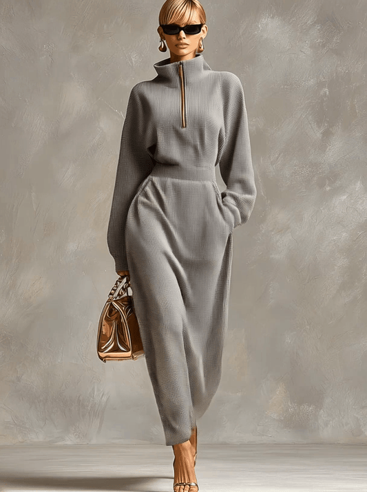 CSS Waffle Fabric Maxi Dress Front Zipper Light Gray