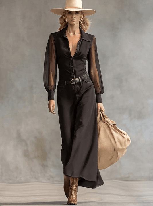 CSS Vintage Western Front Button V-Neck Black Denim Maxi Dress