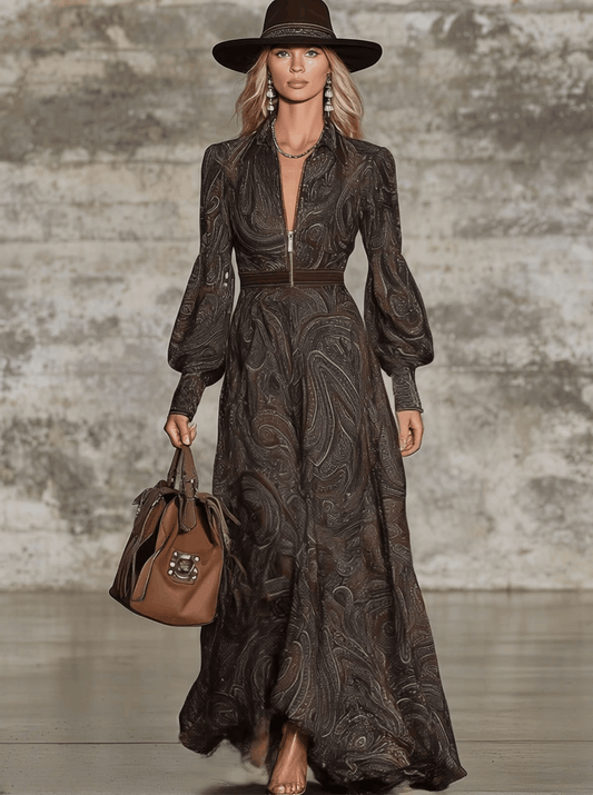 XWC Fashion Retro Paisley Pattern Zipper Maxi Dress Long Sleeve