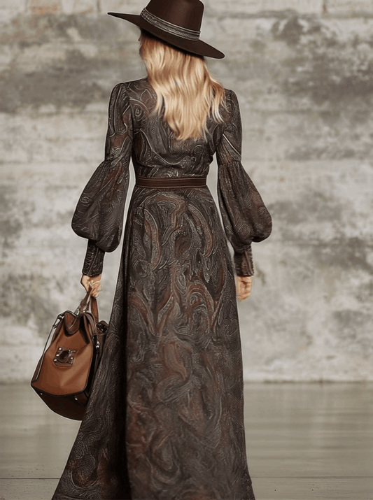 XWC Fashion Retro Paisley Pattern Zipper Maxi Dress Long Sleeve