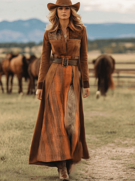 BXL Western Retro Faux Suede Plaid Maxi Dress Caramel