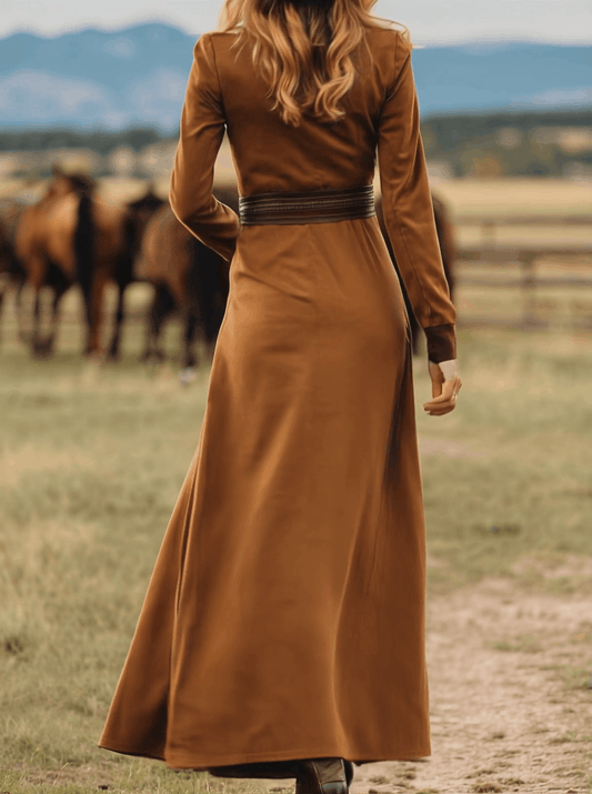 BXL Western Retro Faux Suede Plaid Maxi Dress Caramel