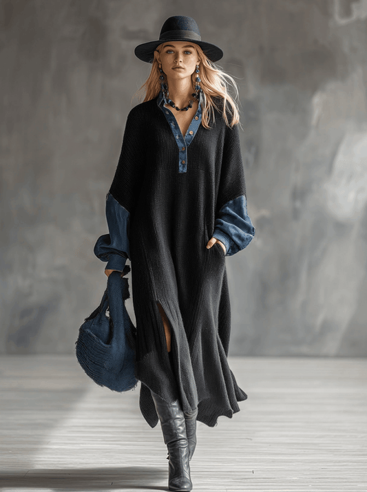 GY Knitted Denim Trim Maxi Dress Casual Black Long Sleeve